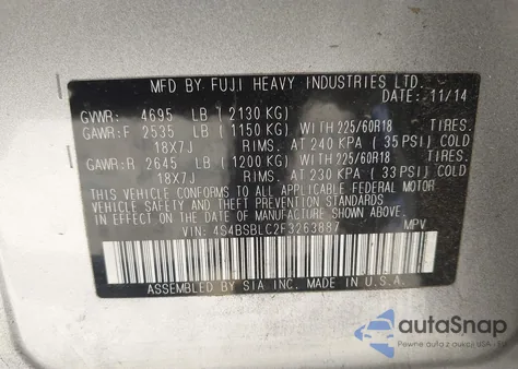 2015 Subaru Outback 2.5I Limited from USA, damaged, VIN 4S4BSBLC2F3263887